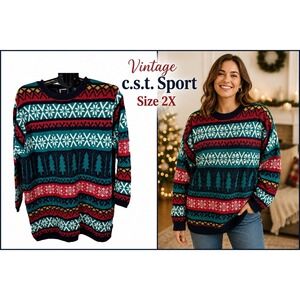 Vintage C.S.T. Sport 2X Christmas Sweater Fair Isle Tree Snowflake Ramie Cotton